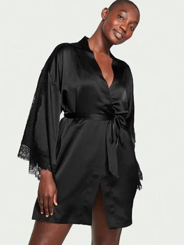 Сатиновий халат Victoria’s Secret Luxe Satin Robe M/L Чорний