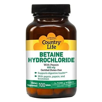 Бетаїну Гідрохлорид з Пепсином (Betaine Hydrochloride) 600 мг натуральний комплекс Country Life 100 таблеток