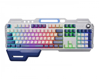 Клавіатура Maxxter KBG-RGB-01-UA, Silver/Dark Blue, USB, RGB-підсвічування з вбудованими ефектами, 104 кнопки, знімна підставка під руку, підставка для телефону, 1.8 м
