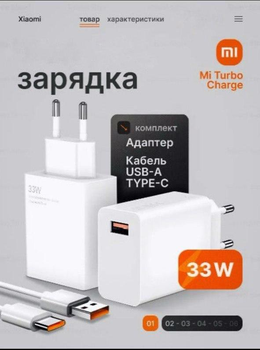 Зарядний пристрій Xiaomi Turbo Charger 33W з кабелем Fast Charger Adapter MDY-11-33 для Redmi Note Poco. Швидке заряджання