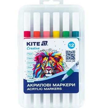 Набір акрилових маркерів 12 кольорів, в пластиковій коробці, K-1156 Kite