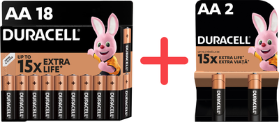 Щелочные батарейки Duracell AA (LR06) MN1500 18 шт family pack (5000394107519)+ Щелочные батарейки Duracell AA (LR6) MN1500 Basic 2 шт (5000394076921) в подарок!