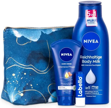 Zestaw kosmetyków do pielęgnacji ciała Nivea Women Kosmetyczka + Balsam do ust Labello 4.8 g + Balsam do ciała Reichhaltige 400 ml + Krem do rąk Intensive Pflege 75 ml (4006000047300)