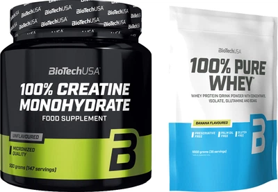 Набор Biotech 100% Creatine Monohydrate порошок 500 г + Biotech 100% Pure Whey порошок 1 кг Банан (5999076227419) + (5999076238224)