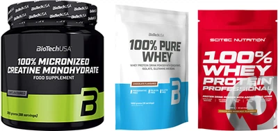 Набор Biotech 100% Creatine Monohydrate порошок 300 г + Biotech 100% Pure Whey порошок 1 кг Шоколад + Scitec Nutrition Whey Protein Professional порошок 1 кг Шоколад-орех (5999076227426) + (5999076238163) + (5999100029125)