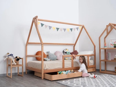 Детская кровать домик Монтессори от Busy Wood на ножках с ящиками 2х90см Модель 1 натуральное дерево 160х90 см