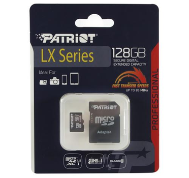 Карта памяти microSDXC, 128Gb, Patriot LX, Class10 UHS-I U1, SD адаптер, до 80 МБ/с (PSF128GMCSDXC10)