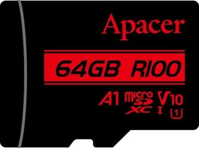 Карта памяти microSDXC, 64Gb, Apacer R100, Class10 UHS-I U1 V10 A1, без адаптера, до 100 МБ/с (AP64GMCSX10UB-RA)