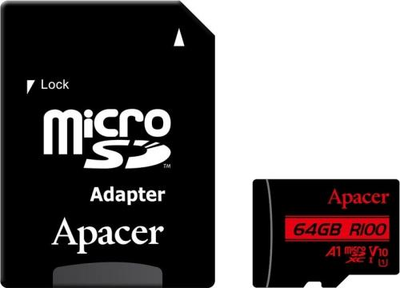 Карта памяти microSDXC, 64Gb, Apacer R100, Class10 UHS-I U1 V10 A1, SD адаптер, до 100 МБ/с (AP64GMCSX10UB-R)