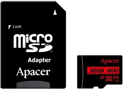 Карта памяти microSDHC, 32Gb, Apacer R100, Class10 UHS-I U1 V10 A1, SD адаптер, до 100 МБ/с (AP32GMCSH10UB-R)