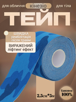 Кінезіо тейп для обличчя та тіла Kinesio tape, розмір 2,5см*5м, синій комуфляж (LS-KT-06-2_5)