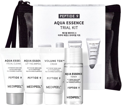 Набір з догляду за обличчям MediPeel Peptide 9 Aqua Essence Крем для обличчя 15 мл + Тонер 20 мл + Сироватка 15 мл + Пінка для вмивання 15 мл + Косметичка (8809941821451)