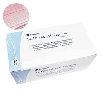Захисні маски процедурні з петлями для вух Medicom SAFE+MASK Economy, рожеві 50 пар ( 8718007906363 )