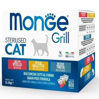 Вологий корм для котів MONGE (Монж) GRILL MIX півень, форель, телятина 12 шт. 85 гр.