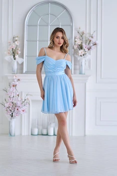 Коктейльное Платье Шифон Блеск Мини 25029 Голубое XS