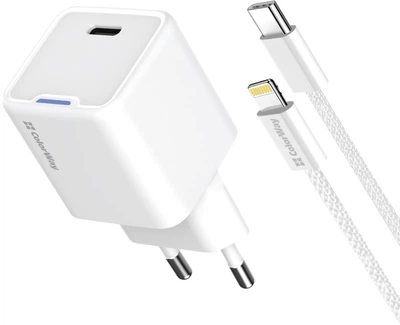 Мережевий зарядний пристрій ColorWay GaN Mini 20W PD Port PPS USB-C + кабель Lightning White (CW-CHS059PDL-WT)