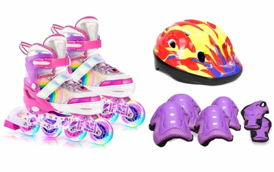 Роликовые коньки раздвижные Inline Skates PU со светом размер 29-33 стелька 18-20,5 см со шлемом и защитой Pink (8345365333)