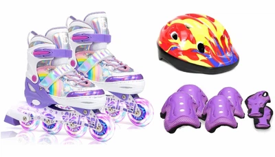 Роликовые коньки раздвижные Inline Skates PU со светом размер 29-33 стелька 18-20,5 см со шлемом и защитой Violet (8487566433)