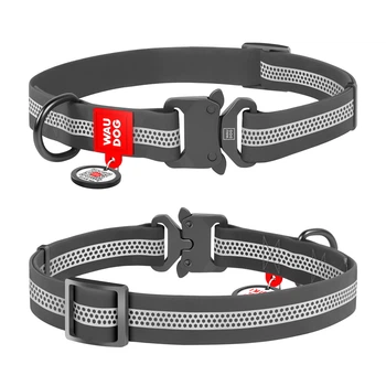 Ошейник для собак средних пород WAUDOG Waterproof с QR-паспортом, серый, светоотражающий Collartex, металлическая пряжка-фастекс, ширина 20 мм, длина 28–40 см, размер M, арт. 261111