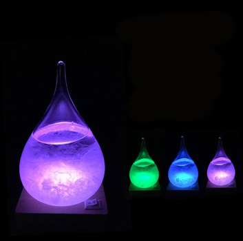 Барометр Штормгласс Капля малая 11 х 8 см Storm glass на деревянной подставке с Led подсветкой