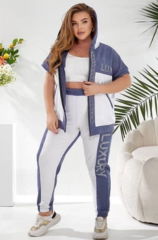 Летний костюм прогулочный спортивный кофта на молнии с коротким рукавом декорирован стразами 56-58 джинс с белым VM 1693