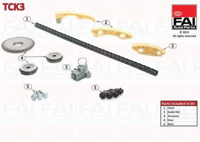 FAI OPEL К-кт ланцюга ГРМ ( ланцюг +3 напрямних натягувач +3 шестерні болти) 159, OPEL Astra G 2.2 00-, Vectra B/C 2.2 FAI Auto Parts (TCK3)