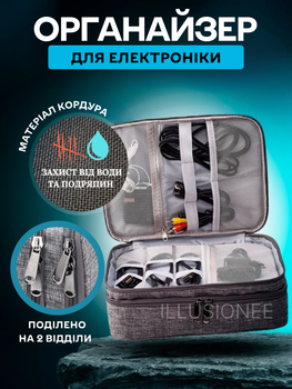 Дорожный 2-х секционный органайзер 27х20х10 см для аксессуаров, зарядных устройств, проводов, кабелей, флешек, переходников, повербанков, наушников, смартфонов, компьютерных мышек, карт памяти, SSD-дисков, электронных гаджетов, серый 3DTOYSLAMP