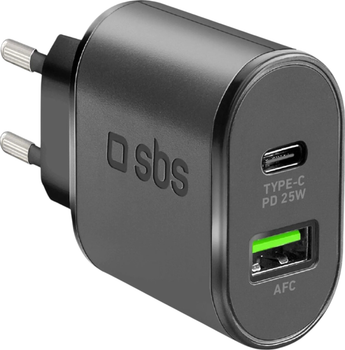 Мережевий зарядний пристрій SBS Mobile 25W 1x USB-A 1x USB-C Black (TETRPD25W)