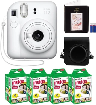 Набор Fujifilm INSTAX Mini 12 Clay White белая фотокамера мгновенной печати / картриджи 40 фото / чехол черный / ремешок / альбом черный (64 фото) / подарочная упаковка