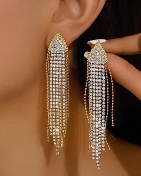 Сережки Длинные вечерние в стразах Fashion jewelry Серебряные -золотые