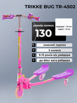 Самокат-трайк TRIKKE BUG 3-х кол. SP-Sport TR-4502 (метал, колеса-PU, d-130мм та d-90мм, h-80-90см, АВЕС-5, рожевий)