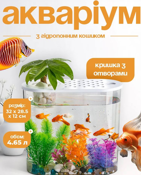 Акваріум маленький з гідропонним кошиком у кришці, виготовлений з міцного пластику на 4,65 літра