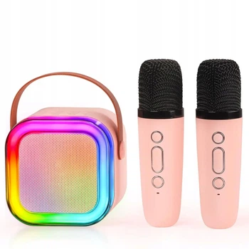 Портативная музыкальная колонка-караоке + 2 микрофона RGB-свет, розовая Для iPhone, Android