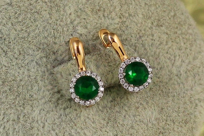Серьги детские Xuping Jewelry сияние с родием и зеленым камнем 1,4 см золотистые