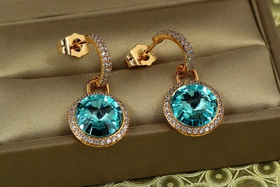 Сережки підвіски Xuping Jewelry Сваровськи Романс із блакитними каменями 2,8 см золотисті