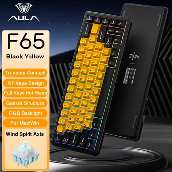 Механічна бездротова (Bluetooth + 2,4G) клавіатура з HOT SWAP AULA F65 RGB 67 Key, WIN/MAC УКР/АНГЛ BLACK/YELLOW (F65BY)