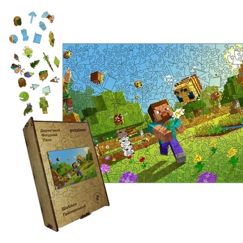 Дерев'яний фігурний пазл Minecraft (Майнкрафт) геймерський, А5, Картонна коробка 35 елементів