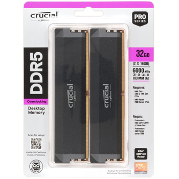 Оперативная память Crucial Pro (Micron) 32GB KIT DDR5 6000 (2x16GB) CL36 UDIMM (CP2K16G60C36U5B)