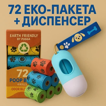 Эко пакеты для уборки за собаками 72 пакета + диспенсер для пакетов