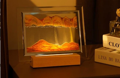 Ночник с Аккумулятором 3D Картина с кварцевым песком 22 х 21,5 см Деревянная подставка с подсветкой Светильник Оранжевый