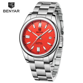 Мужские механические наручные часы Benyar Red автоматические водонепроницаемые 10 BAR с календарём