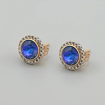 Сережки з кристалами Swarovski 53412 розмір 10х10 мм колір сапфіровий вага 2.5 г позолота 18К