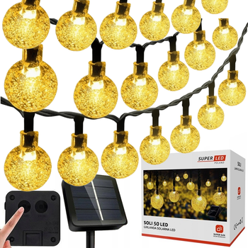 Солнечная гирлянда 50 LED-шариков, SuperLED Soli — длина 9.5 м, теплый белый свет, IP65, датчик сумерков, 5284