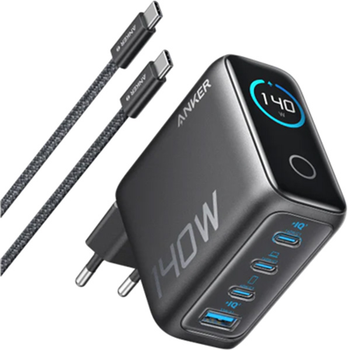 Мережевий зарядний пристрій Anker Laptop GaN Charger 140W 3xUSB-C PD3.1 1xUSB-A Display Cable Black (B2697GZ1)