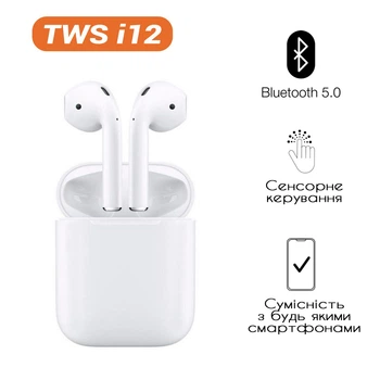 Наушники беспроводные сенсорные Bluetooth AMW TWS i12 с кейсом для зарядки и хранения Белые