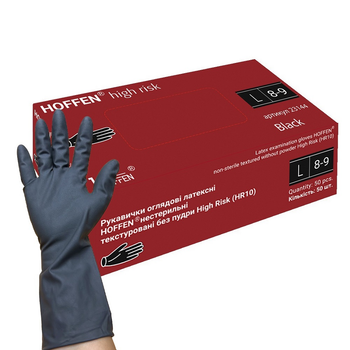 Рукавички латексні Hoffen HFN-23142L L, 14.5 г, текстуровані, нестерильні, чорні, 50 шт
