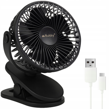 Акумуляторний настільний вентилятор із затискачем Ruhhy 3в1 1200 мАг USB-C 18 x 16 x 13 см Чорний (25567)