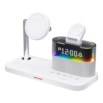 Беспроводная зарядная док станция 5в1 MagSafe LEXEGO магнитная беспроводная зарядка Apple iPhone 12 13 14 15 16 17 Pro Max Mini Plus AirPods Apple Watch зарядное устройство для айфона с часами будильником и LED-подсветкой White C09-W