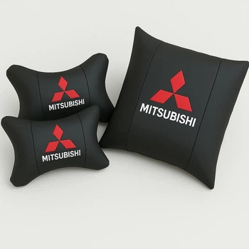Комплект подушок в авто для попереку та на підголівник з логотипом MITSUBISHI червоний значок