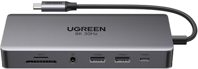 USB-хаб Ugreen CM681 11-in-1 USB-C to 3xUSB 3.0/USB-C/2xHDMI/RJ-45/AUX/SD/TF/PD 100W Grey (6941876219780)